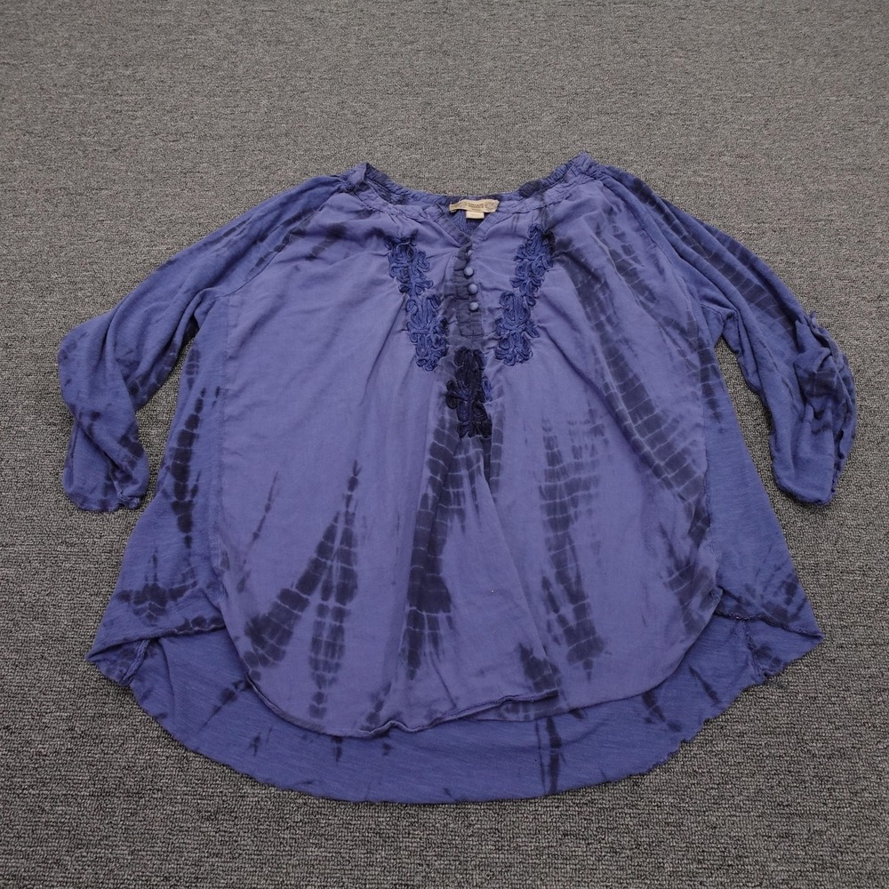 Vintage America Blues Blouse Womens XXL Blue Tie Dye Embroidered Tunic Top